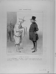 CAROTTE DU VOLTIGEUR. - C'est vous, M. Gruau!.... - Oui, Major - Comment! je vous commande de garde; vous m'écrivez une lettre déchirante, "Vous êtes à l'agonie"; je vous exempte, et je vous trouve au bal d'artiste.... en pierrot!...