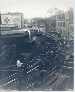 Dudley Street accident, view from tracks of car lodged in building