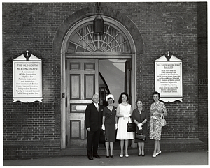 Mark Bortman, Chairman of the Civic Committee of the People-to-People Program; Mary Collins; unidentified woman; Llora Bortman; and unidentified woman outside the Old South Meeting House