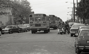 School busses during student busing in Hyde Park