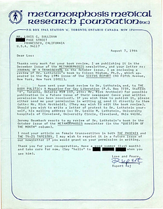 Correspondence from Rupert Raj to Lou Sullivan (August 7, 1984)