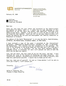 Correspondence from Walter Bockting to Lou Sullivan (February 14, 1989)