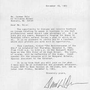 Letter from David W. Davis, Executive Director of the Massachusetts Port Authority, inviting Carmen Pola to a luncheon for women in business