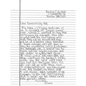 Letter to the city of Boston from a student at Jasper Junior High School (Jasper, Texas)