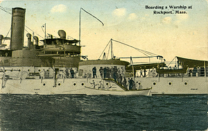 Boarding a warship at Rockport, Mass.