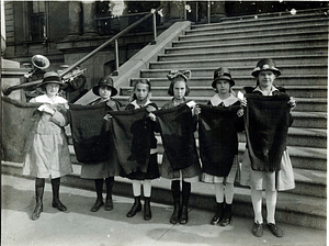 Six Whiting Grammar School girls with knitted sweaters