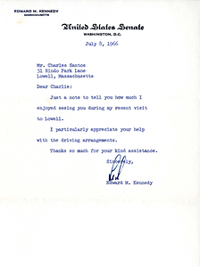 Letter from Edward M. Kennedy to Charles Santos Jr. (July 8, 1966)
