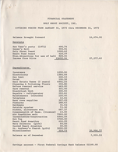 Holy Ghost Society Financial Statement (1972)