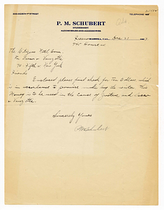 Letter from P.M. Schubert to Sacco-Vanzetti National League, December 21, 1927