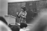 Suffolk University Professor Catherine T. Judge (Law) lecturing in classroom, photograph, circa 1970s