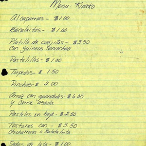 Draft of a menu for a kiosk at the Festival Puertorriqueño de Massachusetts