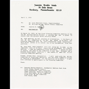 Memorandum from Juanita B. Wade to Lois Harrison-Jones and William Spring about resignation from planning committee
