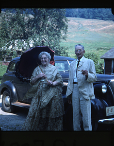 Ella and Arthur Rosenburg preparing to leave their Sheep Hill Farm to attend the Moon Barn Raising at entrance to Hopkins Forest on 2 August 1975.