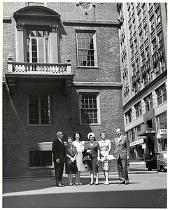 Mark Bortman, Chairman of the Civic Committee of the People-to-People Program; Llora Bortman; unidentified woman; Mary Collins; and unidentified woman and man in front of the Old State House