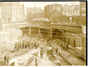Pleasant Street subway entrance; relaying trolley track