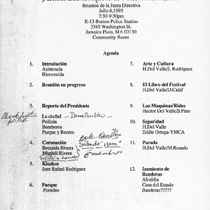 Agenda from Festival Puertorriqueño de Massachusetts, Inc. Board of Directors meeting on July 6, 1995