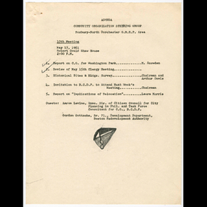 Agenda for community organization steering group meeting with Aaron Levine and Gordon Gottsche held May 17, 1961