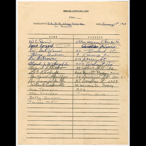 Attendance list for Clergy Committee on Renewal meeting held January 13, 1965