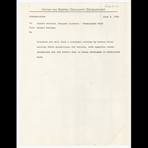 Memorandum from Robert Perlman to Robert Rowland about guidelines for totlots and minutes for meeting of group of Boston Redevelopment Authority (BRA), Action for Boston Community Development (ABCD) and Freedom House on June 20, 1963