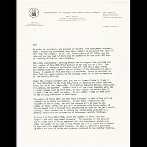 Letter from Irving A. Solomon about forms needed for monthly rent supplement vouchers