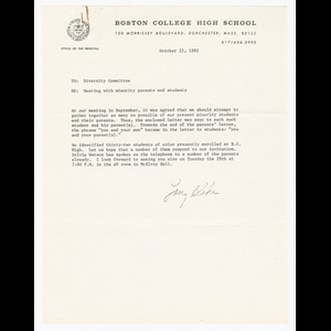 Memorandum from Larry Blake to Diversity Committee at Boston College High School about meeting with minority parents and students
