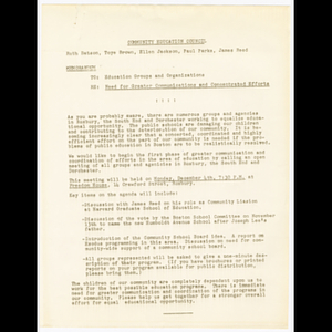 Memorandum from the Community Education Council to education groups and organizations about deterioration of Boston public schools