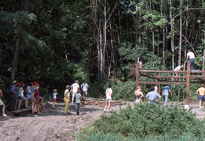General crowd scene at 2 August 1975 barn raising.