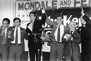 Mayor Raymond L. Flynn with Governor Michael S. Dukakis, Senators John F. Kerry and Edward M. Kennedy and others at a John Kerry campaign event