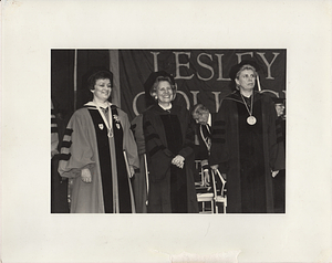 Maria de Lourdes Serpa (left) with Maria Barroso Soares (center) at Lesley University