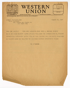 Telegram from Tom O'Connor to Arthur Garfield Hays, August 20, 1927