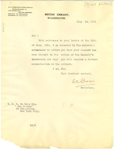Letter from British Embassy, Washington D.C. to W. E. B. Du Bois