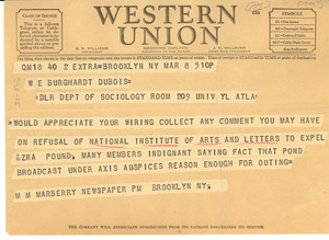Telegram from Newspaper PM to W. E. B. Du Bois