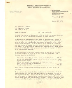 Letter from United States Federal Security Agency to W. E. B. Du Bois