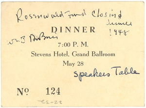 Julius Rosenwald Fund dinner ticket