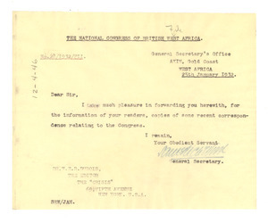 Letter from National Congress of British West Africa to W. E. B. Du Bois