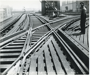 Crossing tracks, west of Castle Street switch tower, northbound subway and northbound Atlantic Avenue tracks