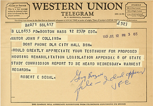 Robert E. Segal telegram to Mayor John Collins with attached memo