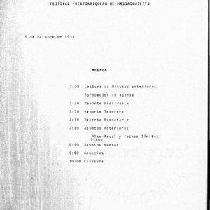 Agenda from Festival Puertorriqueño de Massachusetts, Inc. meeting on October 5, 1993