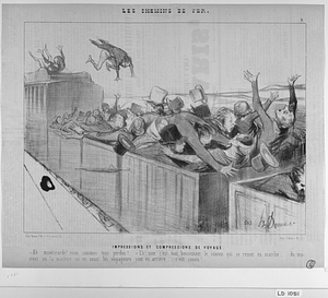 IMPRESSIONS ET COMPRESSIONS DE VOYAGE. - Ah! miséricorde! nous sommes tous perdus!. - Eh! non c'est tout bonnement le convoi qui se remet en marche..... du moment où la machine va en avant les voyageurs vont en arrière... c'est connu!...