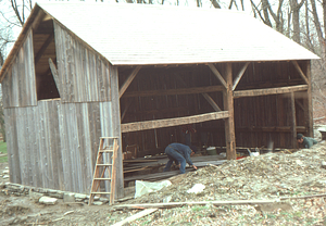 Moon Barn - Hopkins Forest Farm Museum nearing completion in winter.