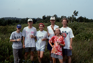 Last day of Permanent Plot Survey III. Permanent Plotters enjoy cigars and champagne atop Jim Smith Hill. Left to right: Susan Halbach (Class of 1997), Charles Wall, Amy Smith, Tim Billo, Dawn Biehler (All Class of 1997), and Ben Montgomery (Class of 1998).
