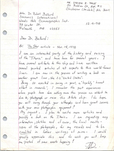 Correspondence: Handwritten letter from Mr. Steven R. Page to Dr. Robert Ballard (WHOI - Senior Scientist Head, Deep Submergence Laboratory).