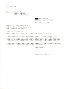 Correspondence from Lou Sullivan to Michael Brownstein (February 23, 1986)