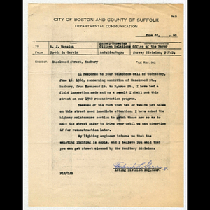 Memorandum from Fred L. Garvin, Survey Division, to S. J. Messina, concerning Hazelwood Street