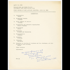 Agenda for first Host Advisory Committee meeting on April 15, 1965 with notes