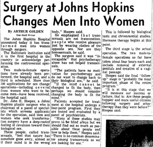 Surgery at John Hopkins Changes Men Into Women