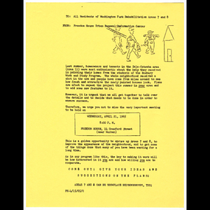 Memorandum from Freedom House Urban Renewal Information Center to Washington Park Rehabilitation Areas 7 and 8 concerning meeting to be held April 21, 1965