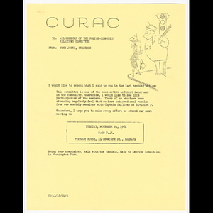 Memorandum from John Jones, Chairman to all members of the Police Community Relations Committee about meeting on November 24, 1964