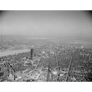 Back Bay, left, South End, right, Prudential building construction, view to Copley Square, Boston, MA