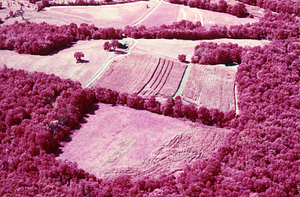 Aerial IR false color image of Pratt Farm, Old Northwest Hill Road, Pownal, VT. False Color Infrared/True Color Project.
